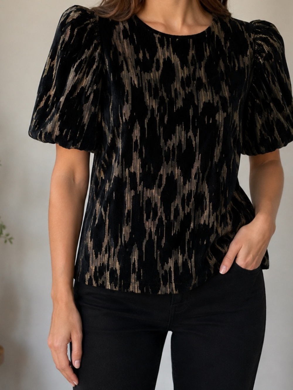 Pomander Place Black Velvet Puff-Sleeve Top with Bronze Accent